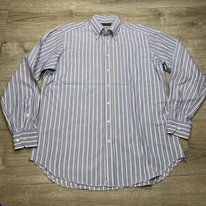 Etro Button Down Shirt Mens 42 Blue Orange Striped Long Sleeve Italy‎ Luxury